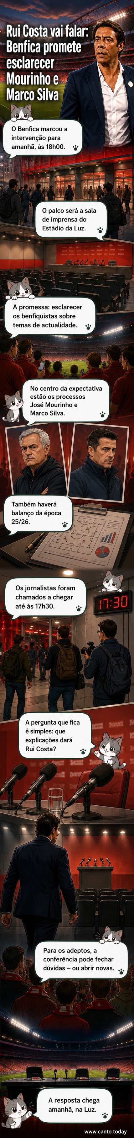 Ilustração de Rui Costa em frente ao Estádio da Luz, com microfones e jornalistas, prestes a iniciar uma conferência de imprensa.