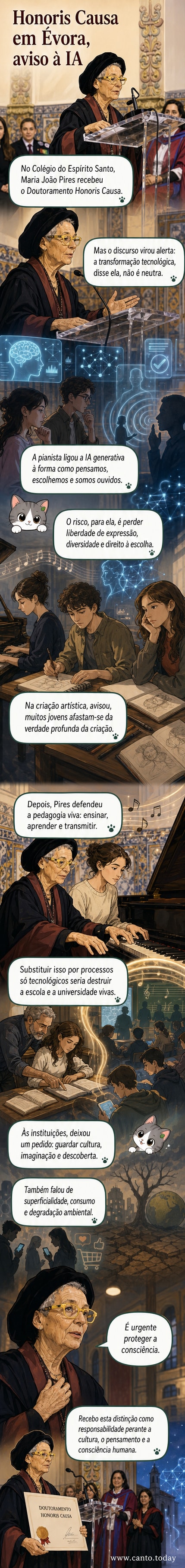 Pianista Maria João Pires no palco do Colégio do Espírito Santo, durante cerimónia de doutoramento honoris causa, com fundo de arquitetura histórica.
