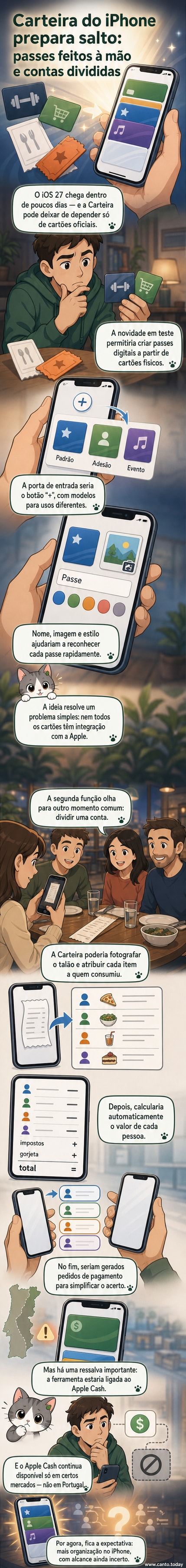 Ilustração de um iPhone mostrando a nova interface da Carteira com opções para criar passes personalizados e dividir despesas a partir de uma foto de comprovante.