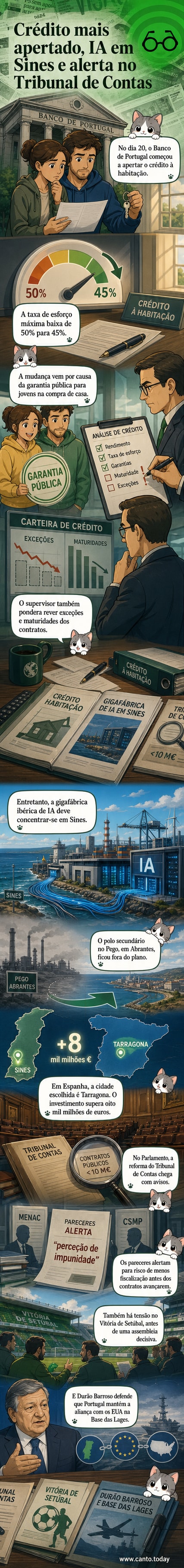 Ilustração de uma instalação tecnológica moderna em Sines, com cabos submarinos e centros de dados, contrastando com a silhueta distante da antiga central do Pego.