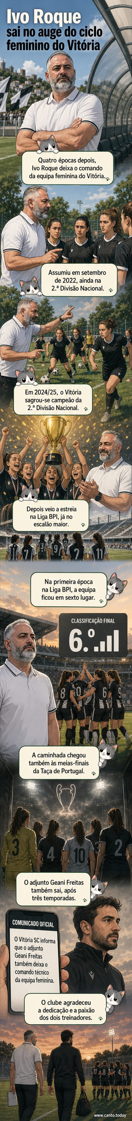 Treinador Ivo Roque de camisa encarnada, ao lado do banco de reservas durante jogo do Vitória feminino, com bandeira de Guimarães ao fundo.