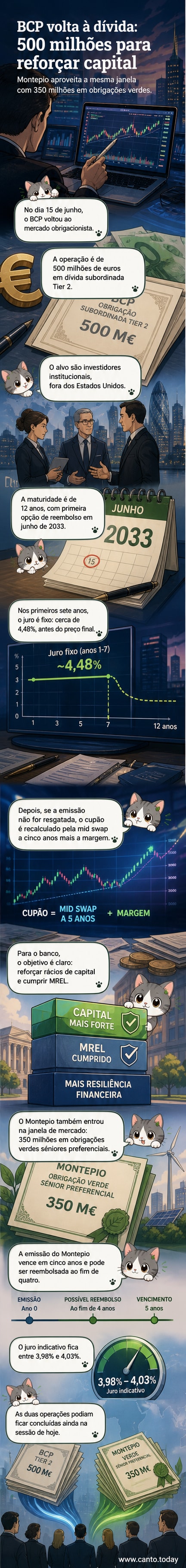 Ilustração de dois bancos portugueses, BCP e Montepio, a emitir obrigações com montantes em euros e taxas de juro destacadas