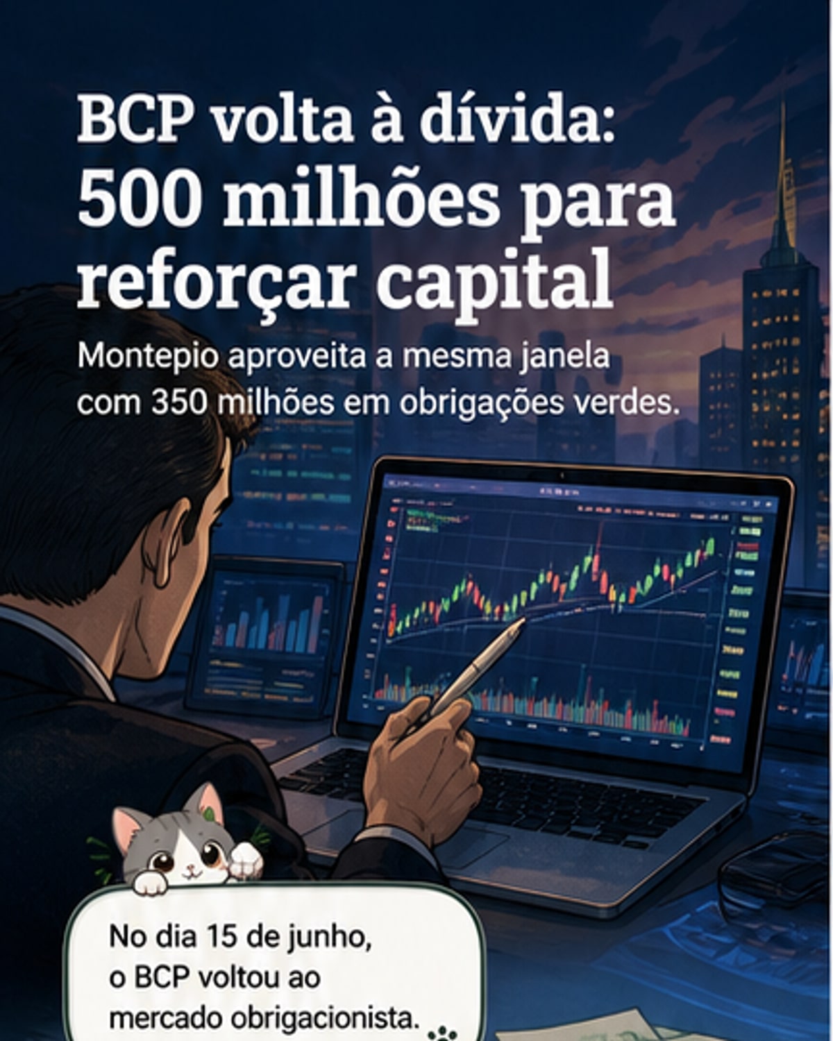Ilustração de dois bancos portugueses, BCP e Montepio, a emitir obrigações com montantes em euros e taxas de juro destacadas