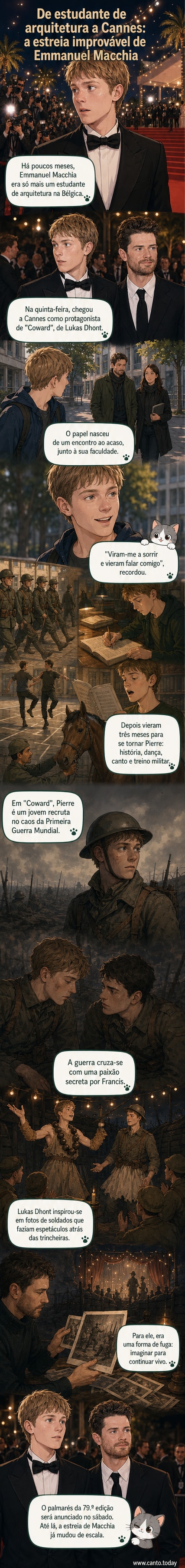 Dois atores jovens em trajes militares antigos, posando em frente a um cenário de guerra com bandeira belga ao fundo, durante o Festival de Cannes 2026.