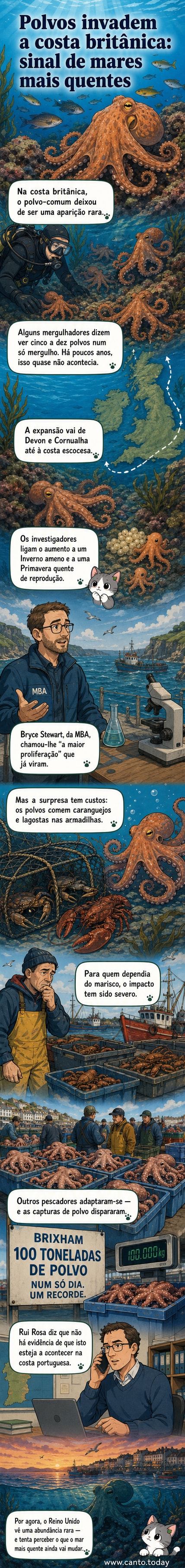 Ilustração subaquática mostrando polvos em alta densidade ao longo da costa britânica, com águas mais quentes representadas por tons azul-esverdeados a amarelados, e pescadores em barcos observando o fenómeno.
