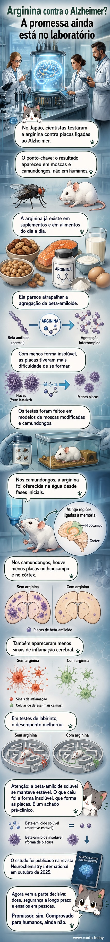 Ilustração de um cérebro humano com foco no hipocampo, ao lado de moléculas de arginina e proteínas beta-amiloide em diferentes formas, representando a pesquisa sobre o Alzheimer.
