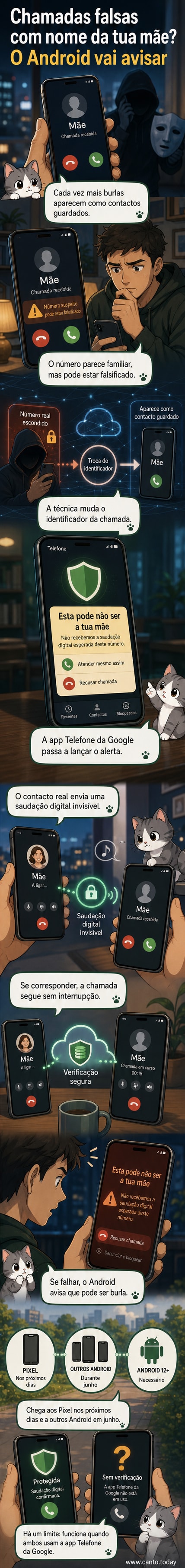 Ilustração de um smartphone Android com alerta 'Esta pode não ser a sua mãe' durante uma chamada, enquanto um contacto falso tenta ligar.