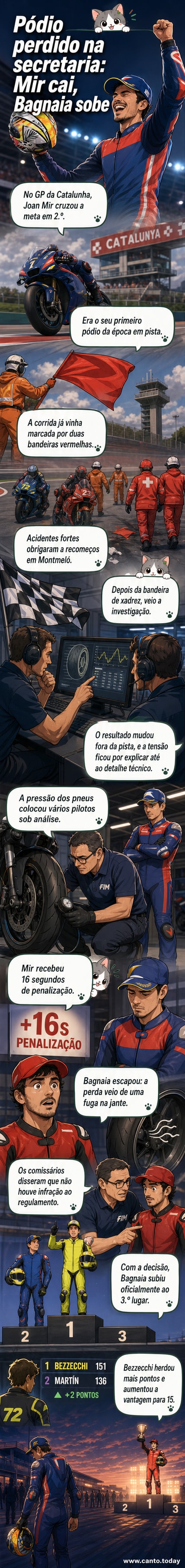 Pilotos na linha de chegada com bandeira xadrez; Joan Mir comemora, mas resultado é alterado após investigação técnica.