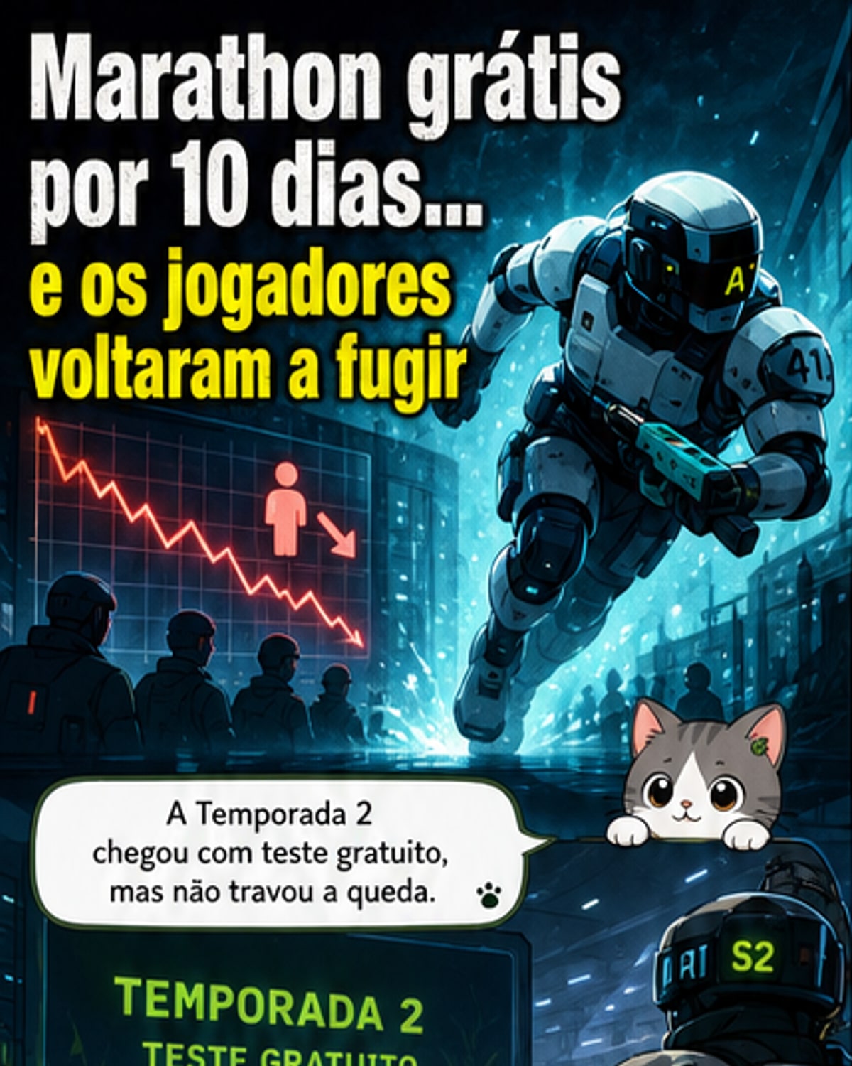 Tela do jogo Marathon mostrando um jogador em um ambiente noturno pantanoso, com interface de mira e equipamento pesado, simbolizando o desafio do título em reter jogadores.