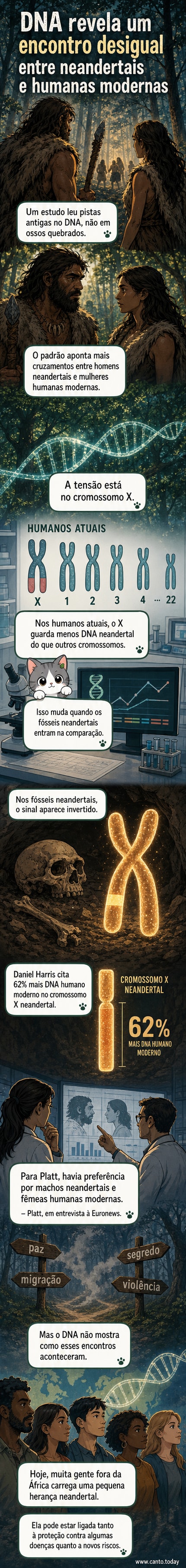 Ilustração de uma mulher humana moderna e um homem neandertal em um cenário pré-histórico, com destaque para o DNA e cromossomos X em fundo científico.