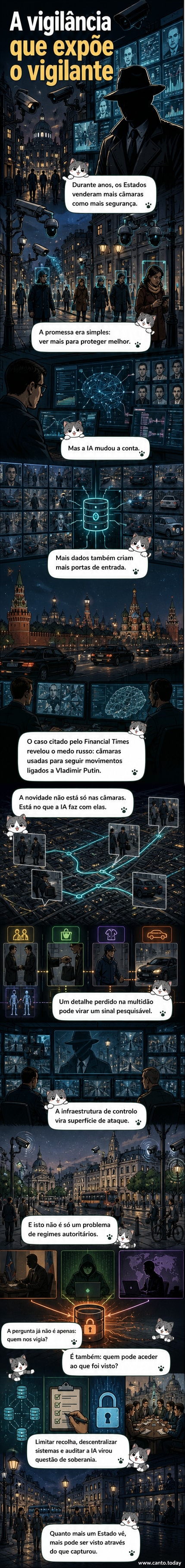 Ilustração de um olho tecnológico a refletir figuras de autoridade expostas, com circuitos e câmaras ao redor, simbolizando a vigilância que se volta contra quem a controla.