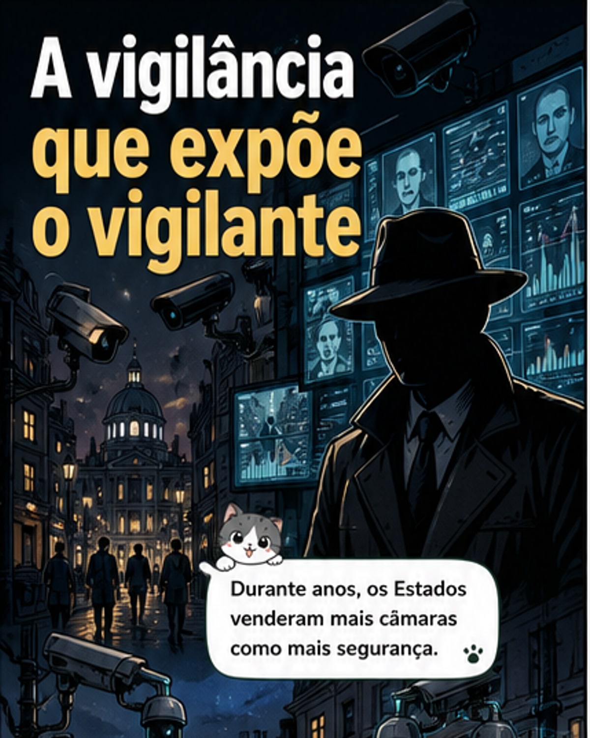 Ilustração de um olho tecnológico a refletir figuras de autoridade expostas, com circuitos e câmaras ao redor, simbolizando a vigilância que se volta contra quem a controla.