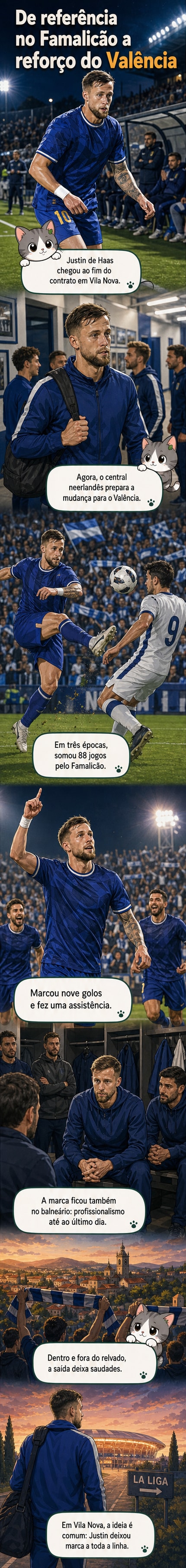Jogador de futebol neerlandês Justin de Haas em ação pelo Famalicão, com camisola azul e branca, durante jogo no Estádio Municipal de Vila Nova de Famalicão.