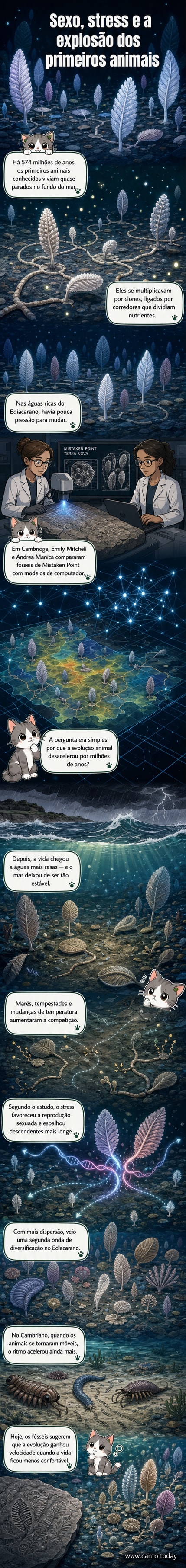 Ilustração de organismos semelhantes a samambaias no fundo do mar primitivo, com linhas de dispersão genética mostrando a transição da reprodução assexuada para a sexuada.