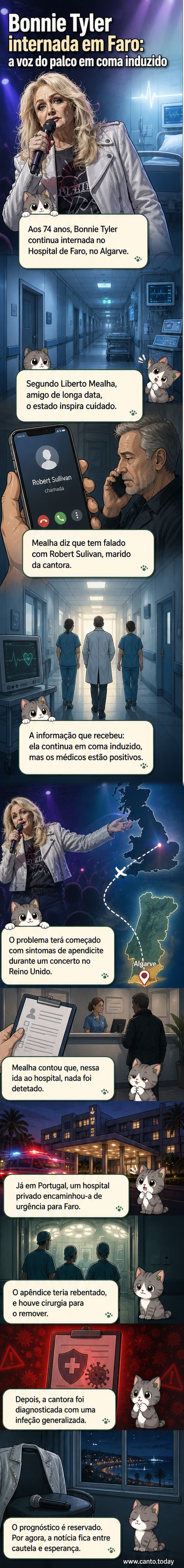 Ilustração de Bonnie Tyler em cama de hospital, com equipas médicas ao redor, no Hospital de Faro, Algarve.