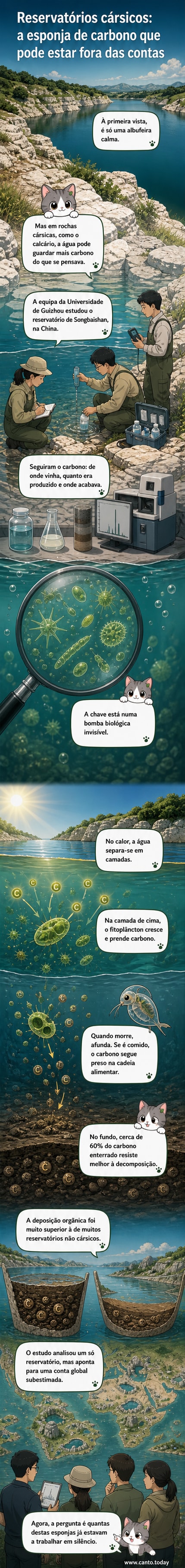Ilustração de um reservatório sobre rocha calcária, com fitoplâncton na superfície e carbono orgânico a sedimentar no fundo, representando o processo de sequestro de carbono.