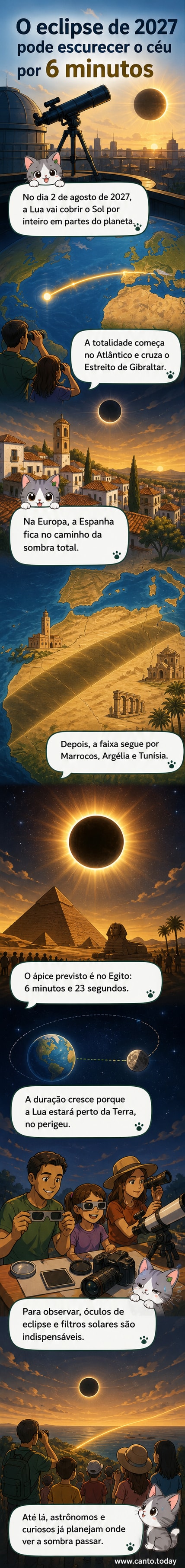 Ilustração de um eclipse solar total com a Lua cobrindo o Sol, visto do solo na Espanha, com o céu escurecendo e estrelas aparecendo ao fundo.