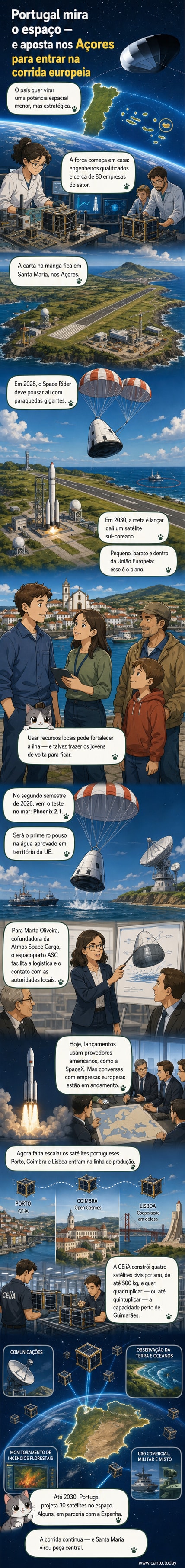 Ilustração da ilha de Santa Maria nos Açores com uma cápsula espacial pousando no oceano ao lado de uma pista antiga, com satélites orbitando acima.