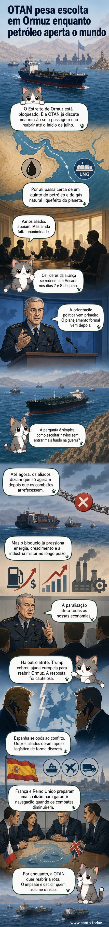 Mapa do Estreito de Ormuz com navios-tanque e simbolismo militar, destacando a rota bloqueada e a pressão geopolítica entre EUA, Irã e OTAN.