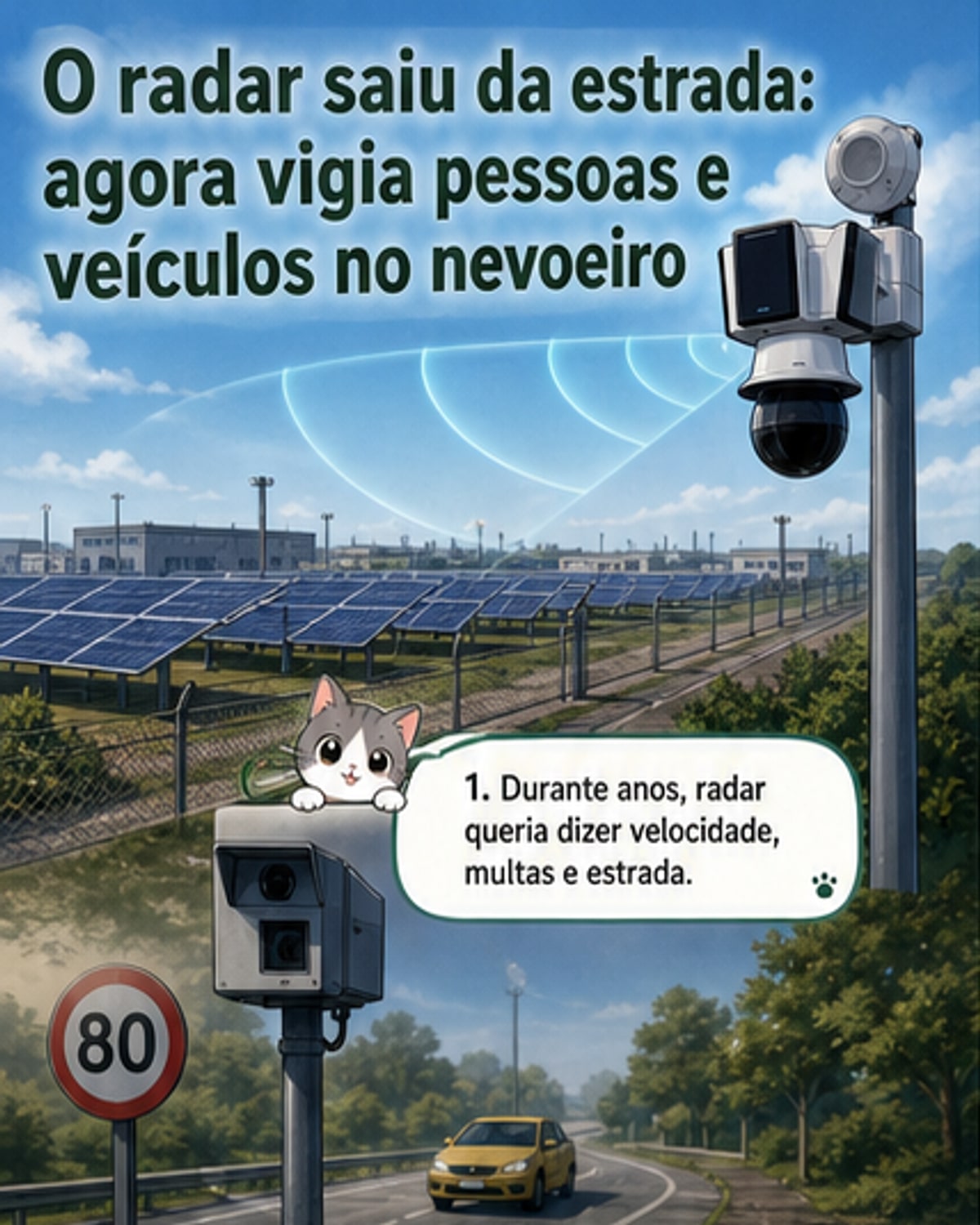 Ilustração de um radar moderno a detetar pessoas e veículos num recinto escuro, com linhas de sinal a irradiar e uma câmara de segurança a seguir os alvos em tempo real.