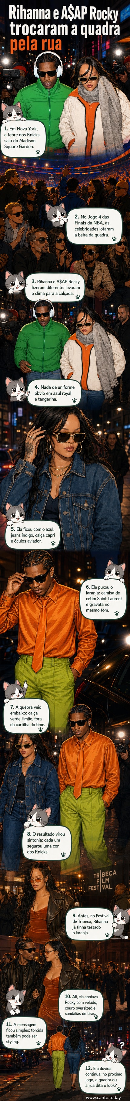 Rihanna e A$AP Rocky em Nova York, usando looks temáticos com cores dos Knicks: ela de calça capri jeans e óculos aviador, ele de camisa de cetim laranja e calça verde-limão.