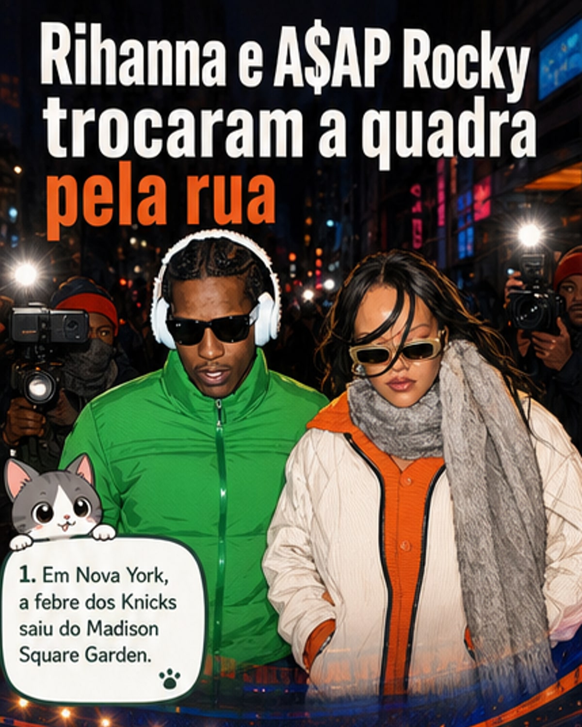 Rihanna e A$AP Rocky em Nova York, usando looks temáticos com cores dos Knicks: ela de calça capri jeans e óculos aviador, ele de camisa de cetim laranja e calça verde-limão.