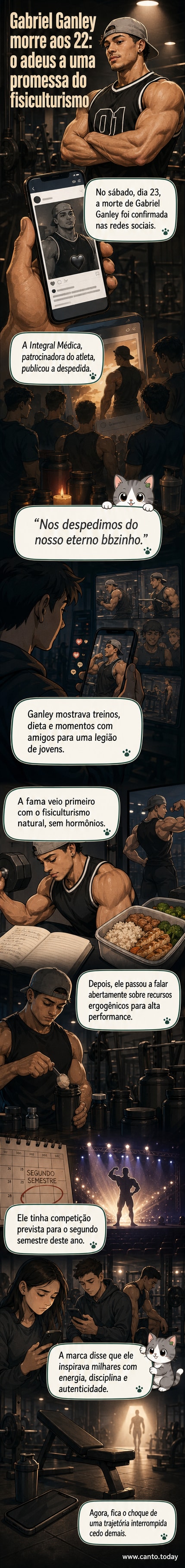 Foto de Gabriel Ganley em pose de fisiculturismo, sorrindo com fundo de academia, em memória póstuma.