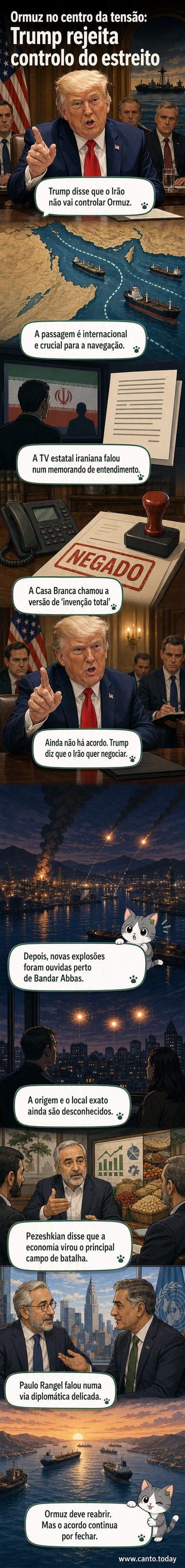 Ilustração do Estreito de Ormuz com navios militares e comerciais, sob um céu tenso, simbolizando a disputa entre Irã e EUA sobre navegação e controle da rota estratégica.