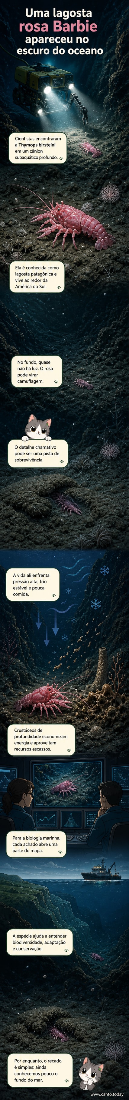 Imagem de um crustáceo rosa vivo no fundo do oceano, capturado por veículo subaquático em um cânion profundo, com iluminação artificial destacando sua coloração vibrante contra o fundo escuro.