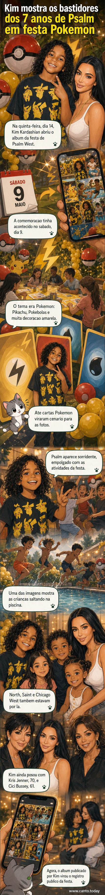 Kim Kardashian ao lado do filho Psalm West em festa de aniversário com tema Pokémon, com decoração em amarelo e vermelho inspirada em Pikachu e Pokébolas.