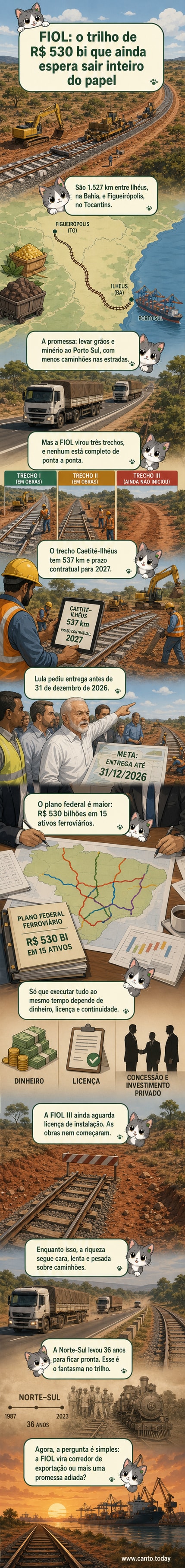 Representação artística de um trem de carga atravessando o cerrado brasileiro, com trilhos recém-construídos e obras em andamento ao fundo, simbolizando o avanço lento da FIOL.
