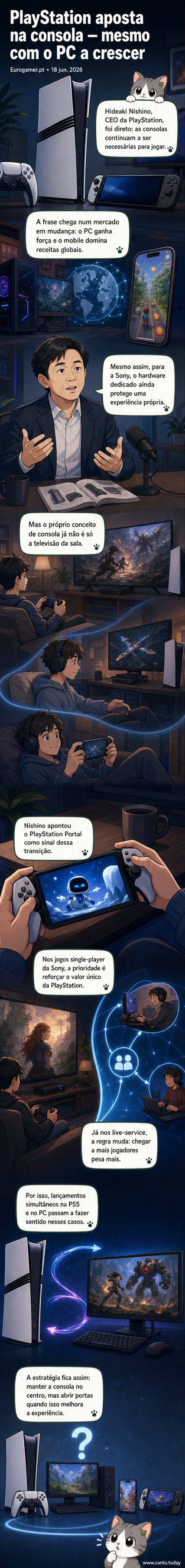 Ilustração de um homem em frente a uma TV com um controlador, enquanto um smartphone e um computador mostram jogos da PlayStation ao fundo, simbolizando a evolução dos formatos de jogo.