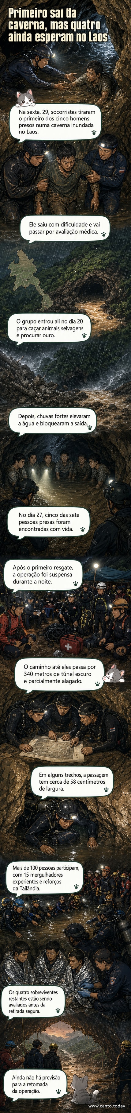 Equipes de resgate em trajes de mergulho e capacetes iluminados ajudam um homem a sair de uma caverna escura e úmida, com vegetação ao fundo.