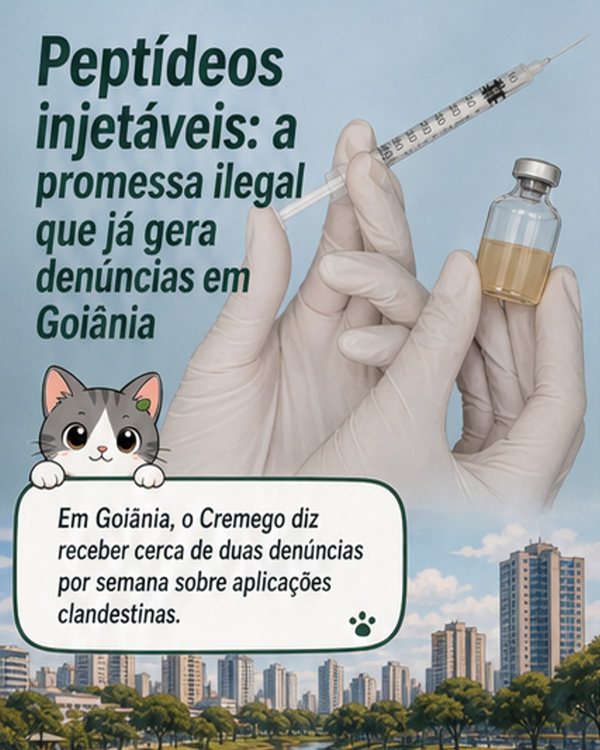 Ilustração de um frasco de peptídeo com advertência médica, ao lado de uma clínica estética e um selo de proibido pela Anvisa.