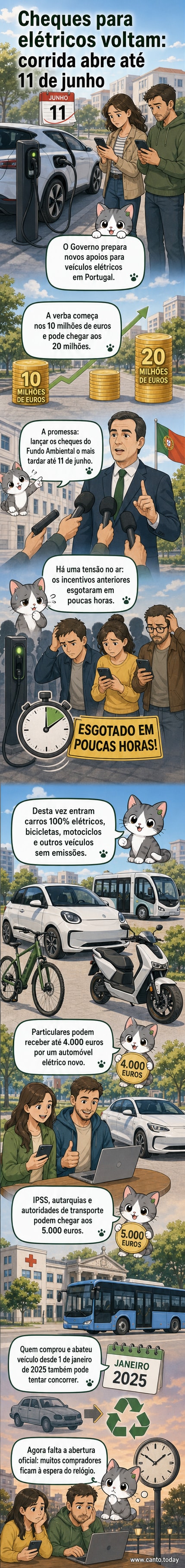 Ilustração de um carro elétrico com símbolo de reembolso e calendário marcando 11 de junho, ao lado da bandeira de Portugal.