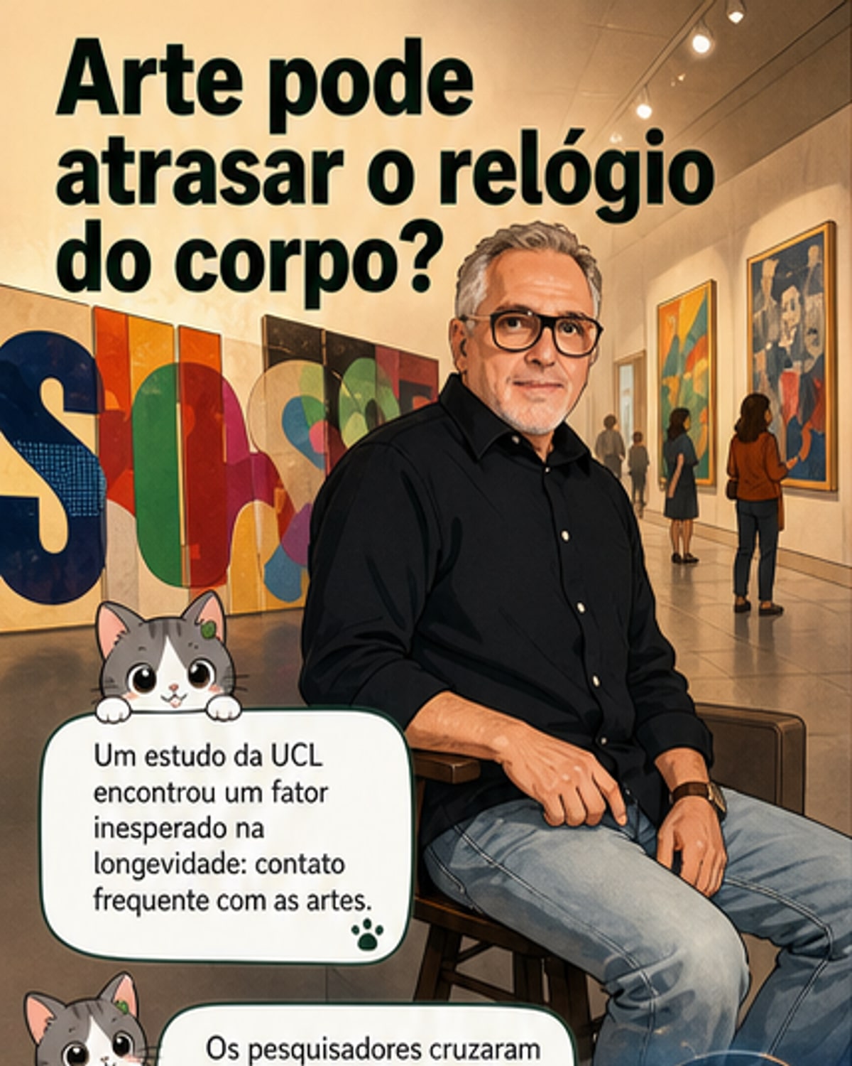 Ilustração de uma pessoa idosa segurando um quadro, com linhas de tempo ao fundo mostrando envelhecimento lento, ao lado de livros, cinema e teatro.