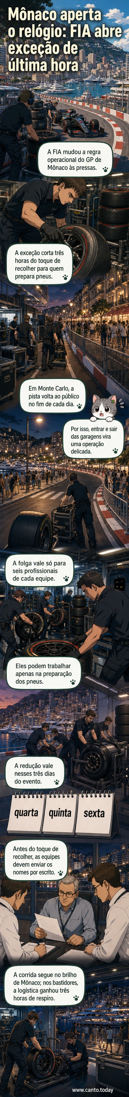 Ilustração do circuito de rua de Mônaco com equipes trabalhando nas garagens sob luz artificial, enquanto a cidade ao redor permanece ativa.