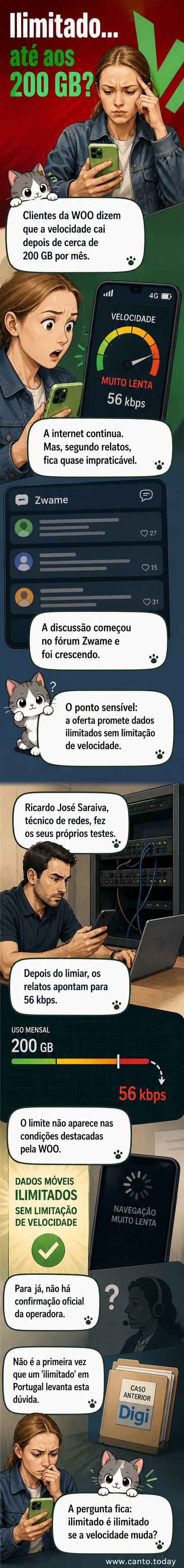 Ilustração de um smartphone com velocímetro de internet caindo de alta velocidade para '56 kbps', com plano WOO ao fundo e gráfico mostrando queda após 200 GB.