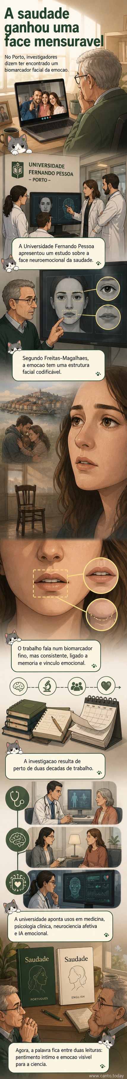 Ilustração de um rosto com destaque para a região da boca e olhos, mostrando sinais sutis de saudade, ao lado de um gráfico cerebral indicando atividade emocional.