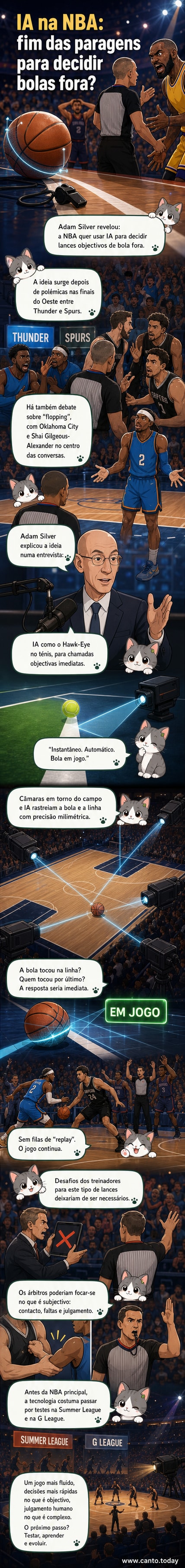 Ilustração de um árbitro de basquetebol ao lado de câmaras e uma bola com linhas digitais de IA, simbolizando o novo sistema de decisão automática na NBA.