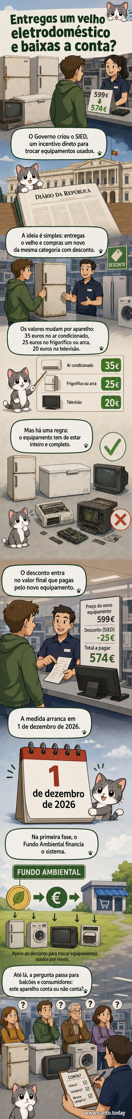 Ilustração de uma família entregando um frigorífico velho em uma loja e recebendo um desconto na compra de um novo eletrodoméstico, com ícones de euros e aparelhos eletrônicos ao fundo.