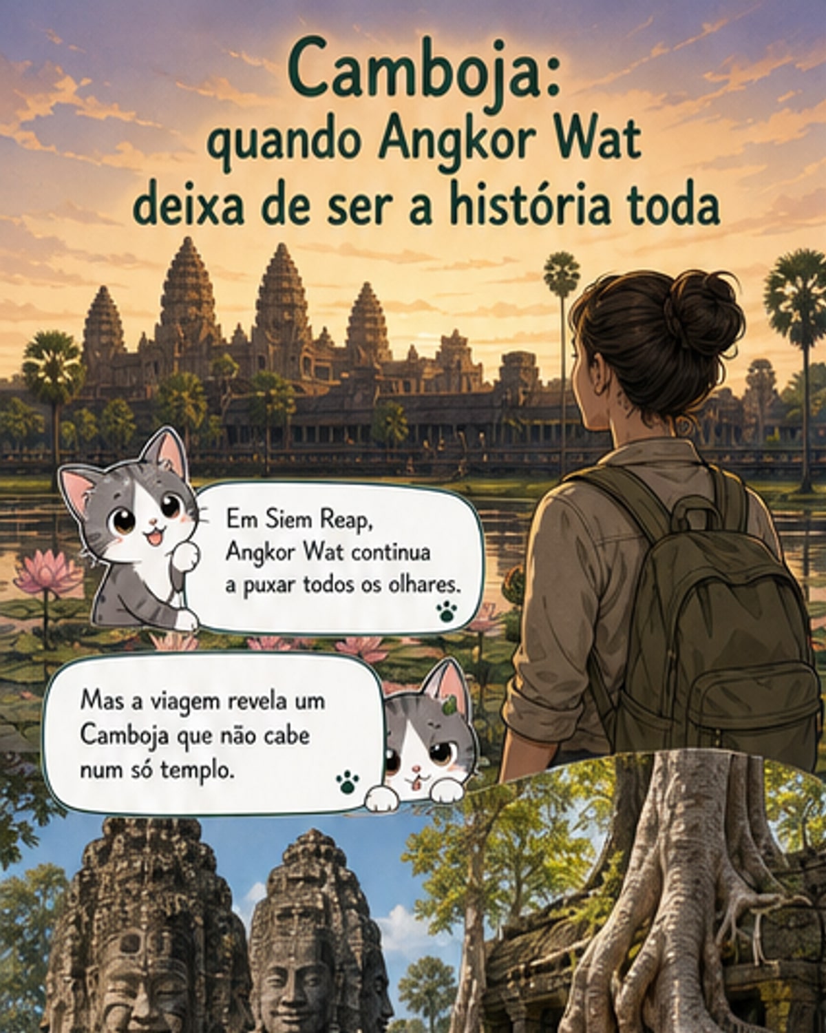 Ilustração de um templo cambojano ao fundo, com jovens artistas a ensaiar circo e artesanato tradicional em primeiro plano, simbolizando a reconstrução cultural do país.