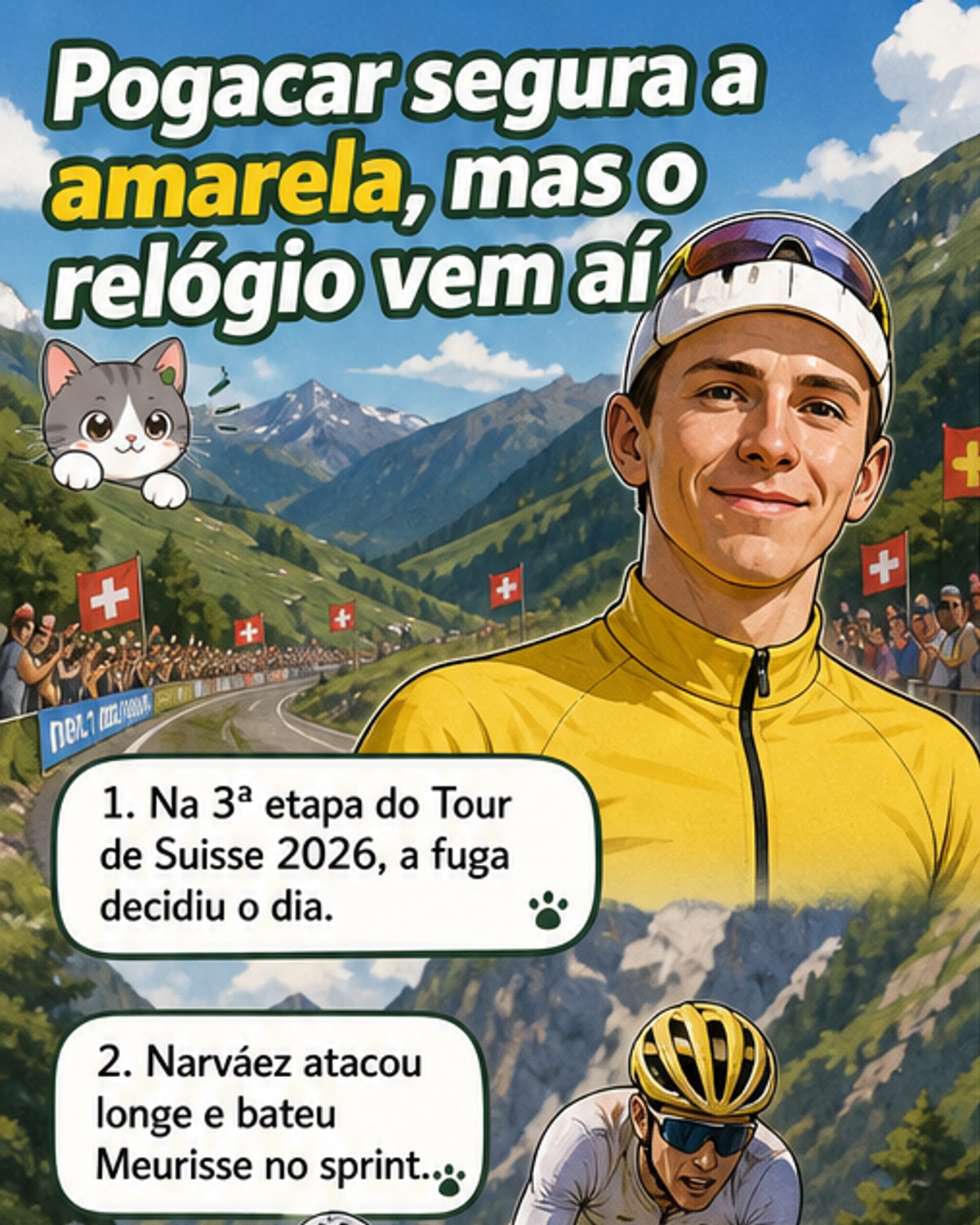 Ciclistas em movimento em uma estrada montanhosa, com Tadej Pogacar no pelotão principal e destaque para a camisa amarela de líder.