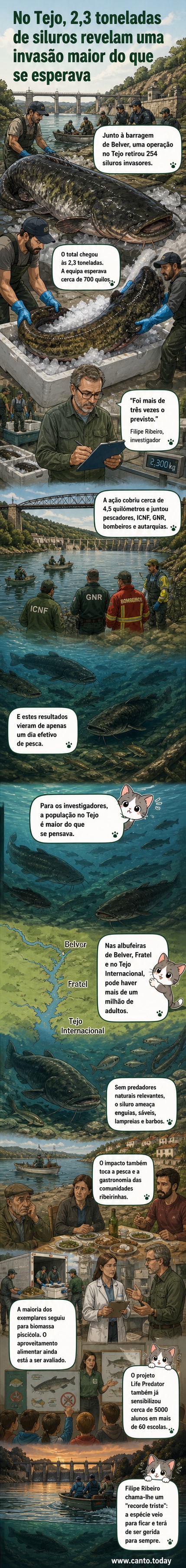 Ilustração de um rio com redes de pesca e siluros gigantes sendo removidos por uma equipe de cientistas e pescadores, ao fundo a barragem de Belver.