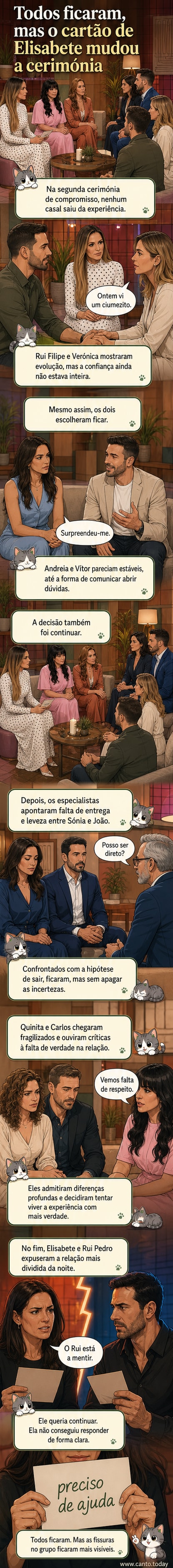 Elenco de 'Casados à Primeira Vista' em cerimónia de compromisso, com destaque para Elisabete segurando um cartão com a frase 'preciso de ajuda'.