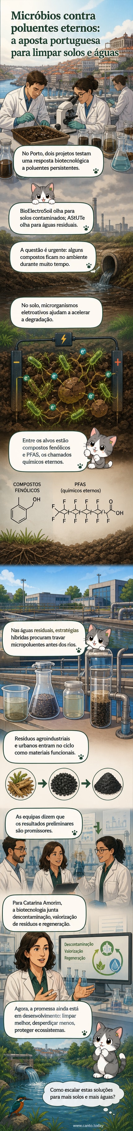 Ilustração de cientistas em laboratório analisando solo e água contaminados, com representações de microrganismos degradando poluentes em um sistema biotecnológico.