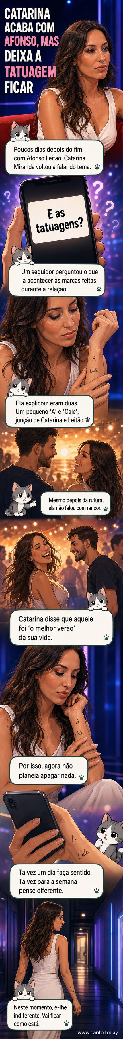 Ilustração de Catarina Miranda com as tatuagens 'A' e 'Cale' visíveis, olhando com expressão reflexiva.