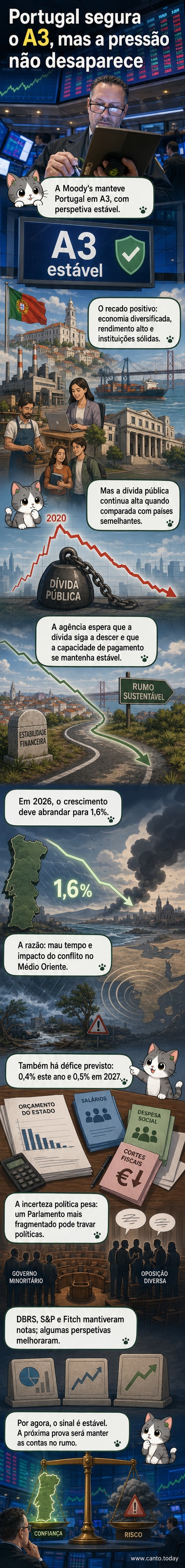 Ilustração de um gráfico de avaliação de crédito com a bandeira de Portugal, mostrando a manutenção do rating A3 pela Moody's.