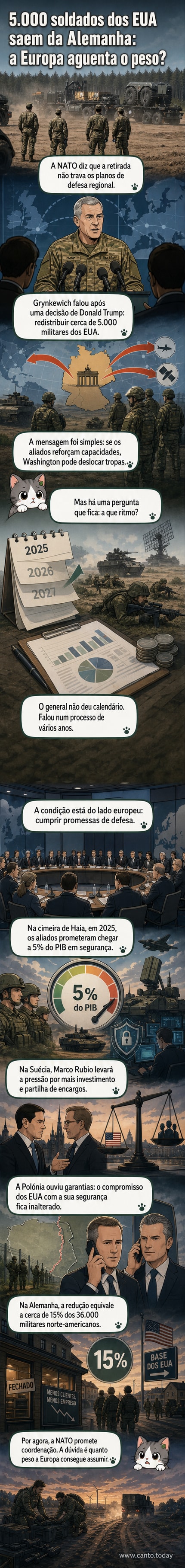 Soldados norte-americanos em exercício militar na Europa, com bandeiras da NATO ao fundo, enquanto gráficos mostram a retirada de 5 mil tropas da Alemanha e o reforço esperado das defesas europeias.