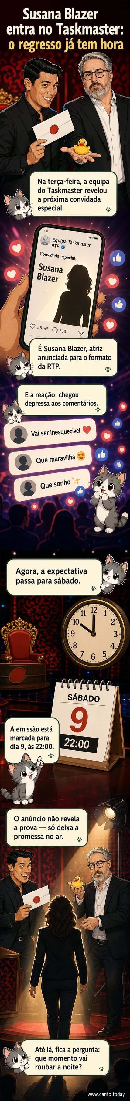 Cartaz do programa 'Taskmaster' com a silhueta de Susana Blazer em destaque, rodeada por ícones de desafios cômicos como um pato de borracha e um guarda-chuva aberto.